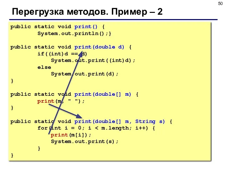 Перегрузка методов. Пример – 2 public static void print() { System.out.println();} public static
