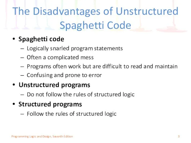 The Disadvantages of Unstructured Spaghetti Code Spaghetti code Logically snarled program statements Often