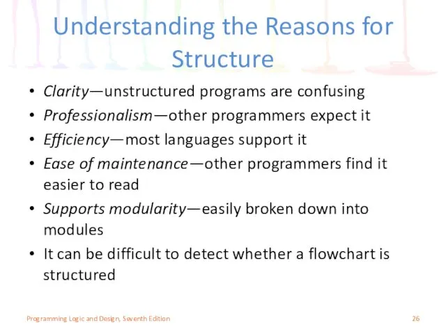 Understanding the Reasons for Structure Clarity—unstructured programs are confusing Professionalism—other programmers expect it