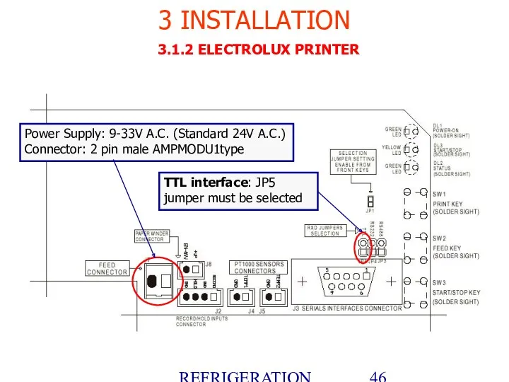 REFRIGERATION PLATFORM Villotta-Italy 3 INSTALLATION 3.1.2 ELECTROLUX PRINTER Power Supply: