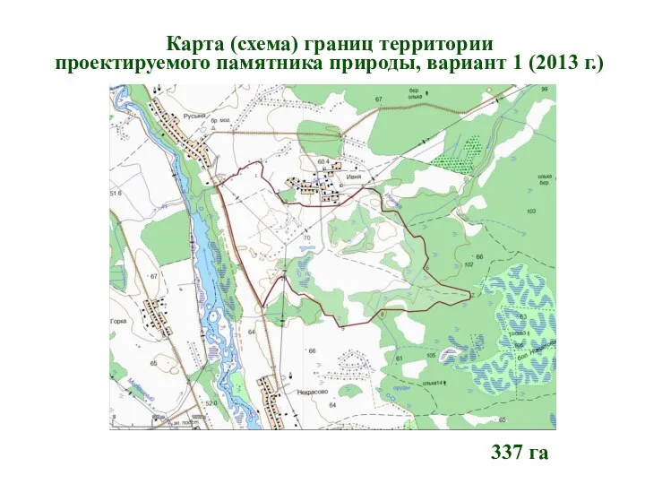 Карта (схема) границ территории проектируемого памятника природы, вариант 1 (2013 г.) 337 га