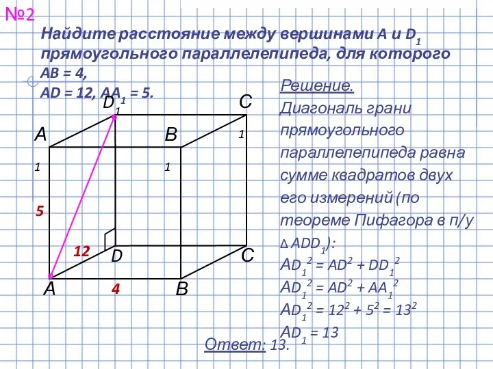 Найдите расстояние между вершинами A и D1 прямоугольного параллелепипеда, для