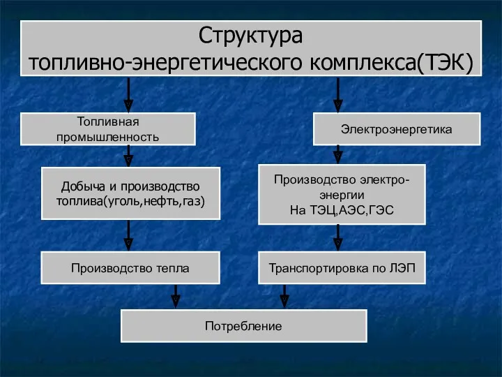 Структура топливно-энергетического комплекса(ТЭК) Топливная промышленность Электроэнергетика Добыча и производство топлива(уголь,нефть,газ)