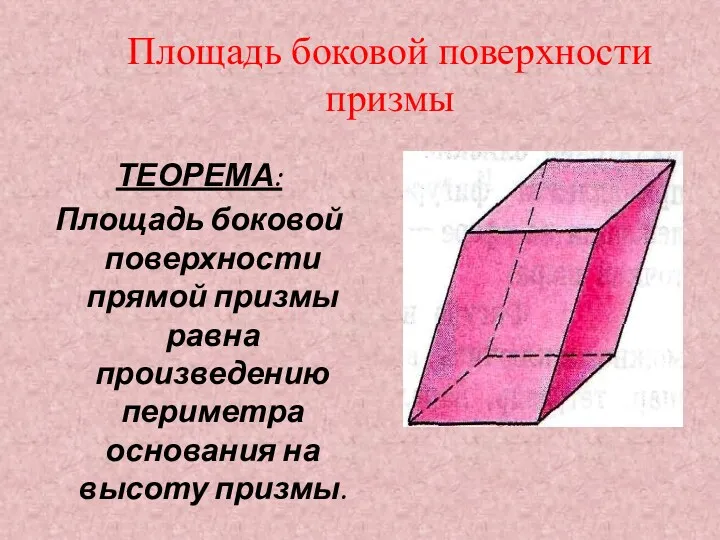Площадь боковой поверхности призмы ТЕОРЕМА: Площадь боковой поверхности прямой призмы