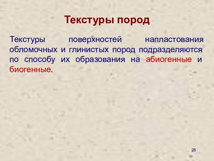 Текстуры пород Текстуры поверхностей напластования обломочных и глинистых пород подразделяются