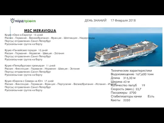 ДЕНЬ ЗНАНИЙ 17 Февраля 2018 MSC MERAVIGLIA Технические характеристики Водоизмещение