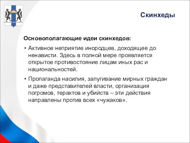 Основополагающие идеи скинхедов: Активное неприятие инородцев, доходящее до ненависти. Здесь