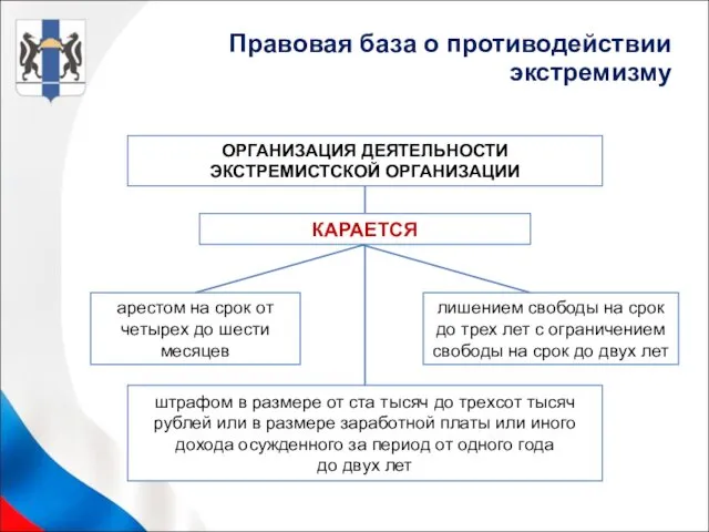 ОРГАНИЗАЦИЯ ДЕЯТЕЛЬНОСТИ ЭКСТРЕМИСТСКОЙ ОРГАНИЗАЦИИ штрафом в размере от ста тысяч