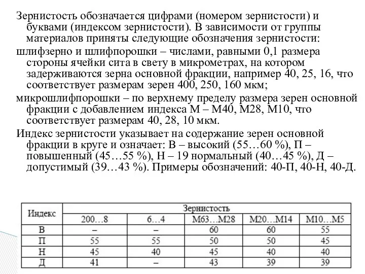 Зернистость обозначается цифрами (номером зернистости) и буквами (индексом зернистости). В