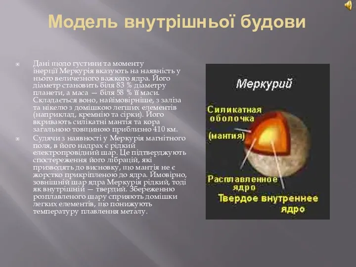 Модель внутрішньої будови Дані щодо густини та моменту інерції Меркурія