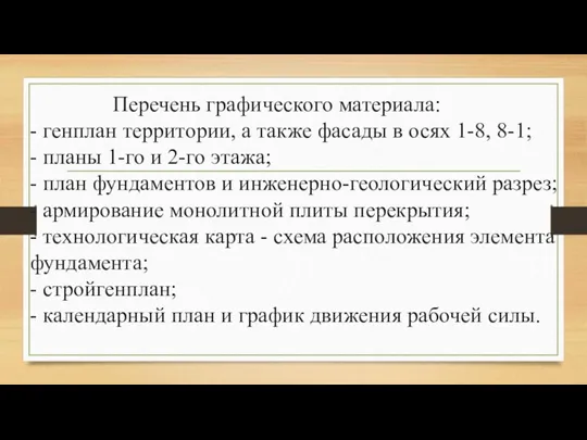 Перечень графического материала: - генплан территории, а также фасады в