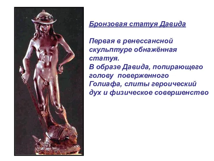 Бронзовая статуя Давида Первая в ренессансной скульптуре обнажённая статуя. В образе Давида, попирающего