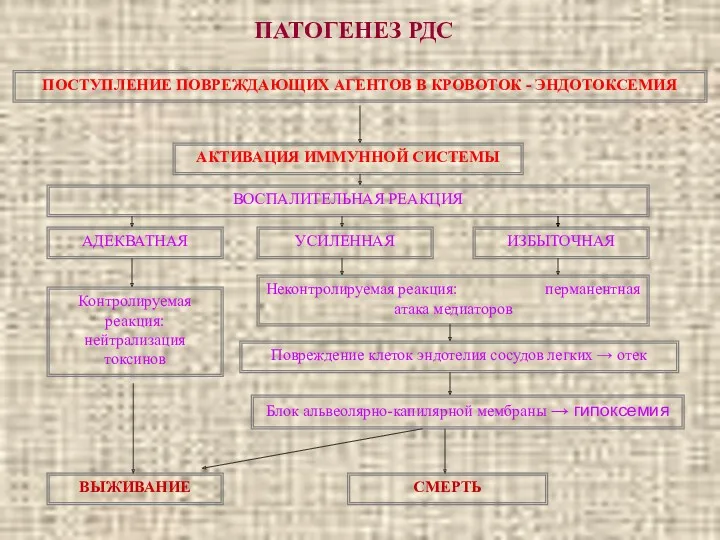 ПАТОГЕНЕЗ РДС ПОСТУПЛЕНИЕ ПОВРЕЖДАЮЩИХ АГЕНТОВ В КРОВОТОК - ЭНДОТОКСЕМИЯ АКТИВАЦИЯ