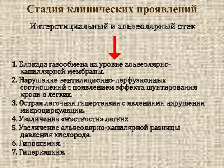 Стадия клинических проявлений Интерстициальный и альвеолярный отек 1. Блокада газообмена