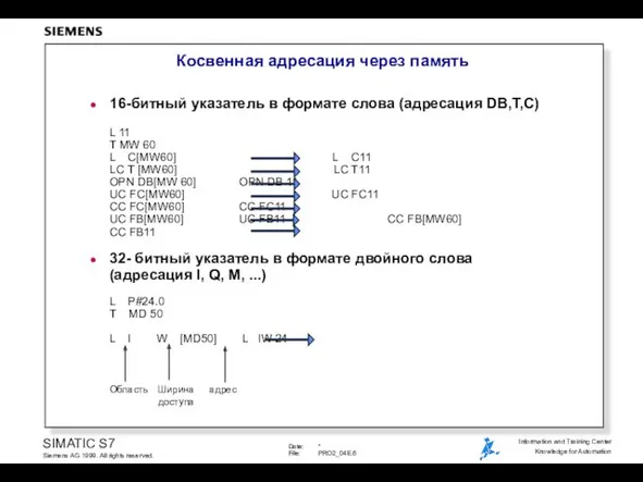 16-битный указатель в формате слова (адресация DB,T,C) L 11 T