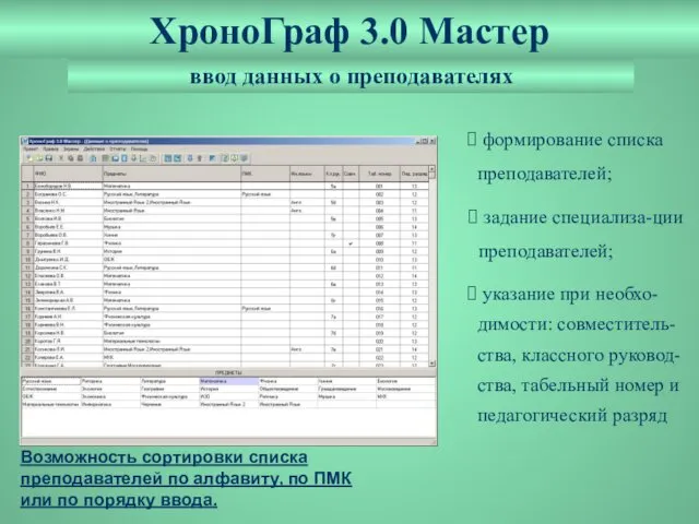 ХроноГраф 3.0 Мастер ввод данных о преподавателях формирование списка преподавателей;