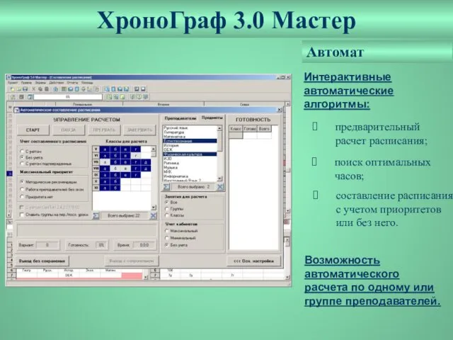 ХроноГраф 3.0 Мастер Интерактивные автоматические алгоритмы: Автомат составление расписания с