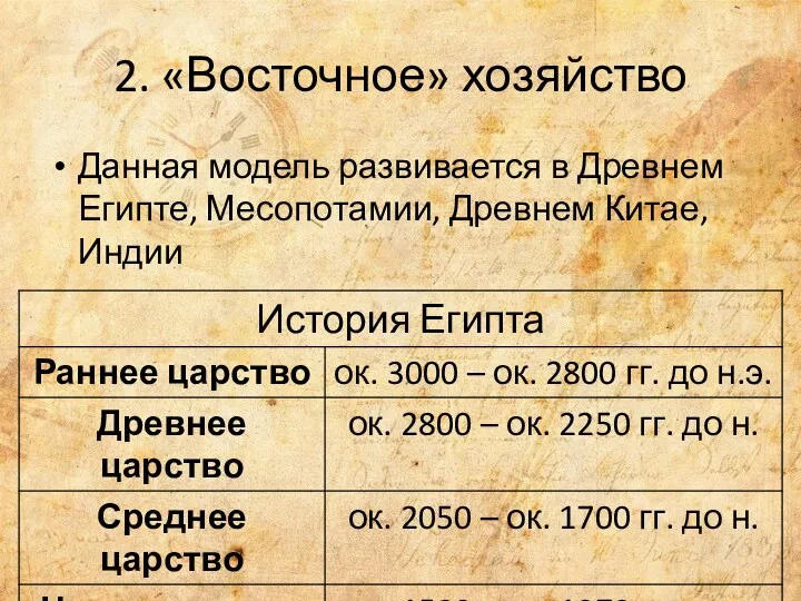 2. «Восточное» хозяйство Данная модель развивается в Древнем Египте, Месопотамии, Древнем Китае, Индии