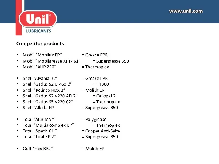 Competitor products Mobil “Mobilux EP” = Grease EPR Mobil “Mobilgrease XHP461” = Supergrease