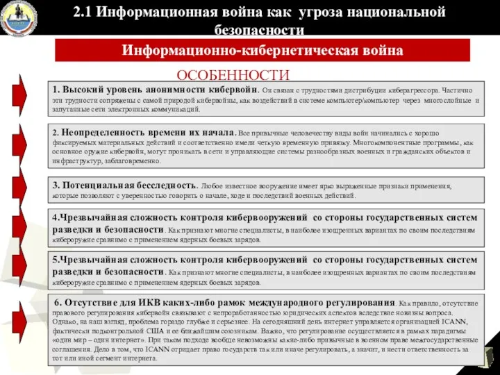 2.1 Информационная война как угроза национальной безопасности Информационно-кибернетическая война ОСОБЕННОСТИ