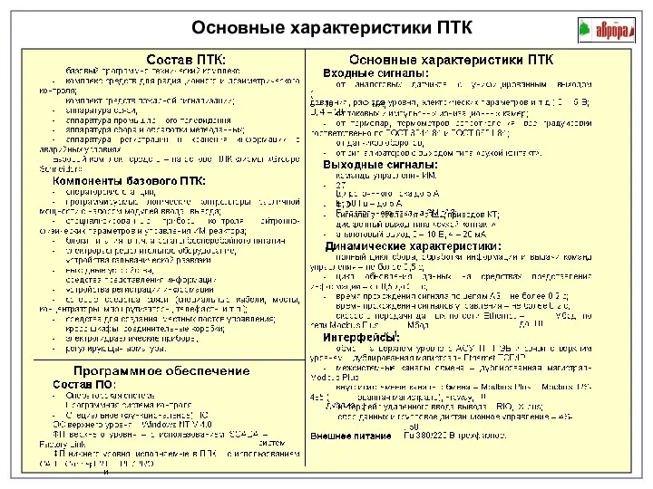 Основные характеристики ПТК