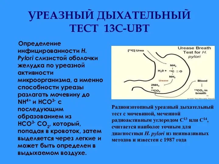 УРЕАЗНЫЙ ДЫХАТЕЛЬНЫЙ ТЕСТ 13C-UBT Определение инфицированности H. Pylori слизистой оболочки желудка по уреазной