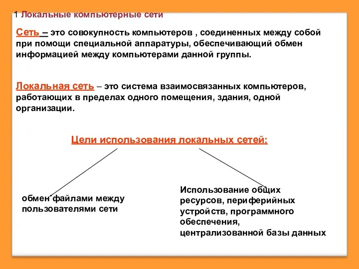 1 Локальные компьютерные сети Сеть – это совокупность компьютеров ,