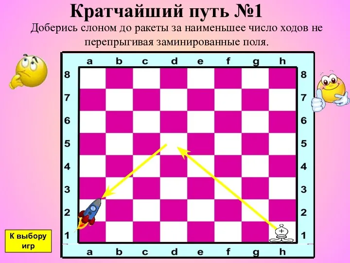 Кратчайший путь №1 Доберись слоном до ракеты за наименьшее число