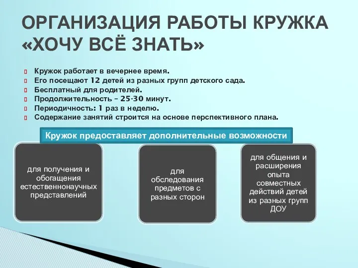 Кружок работает в вечернее время. Его посещают 12 детей из