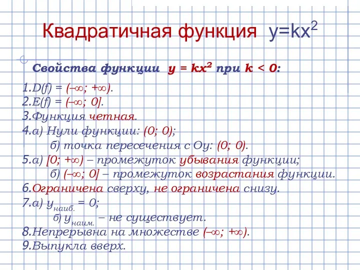 Свойства функции y = kx2 при k D(f) = (–∞;