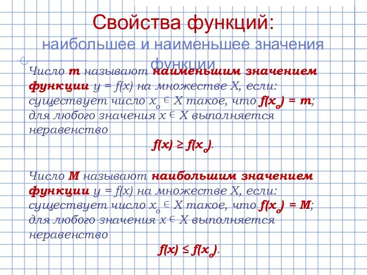 Свойства функций: наибольшее и наименьшее значения функции Число m называют