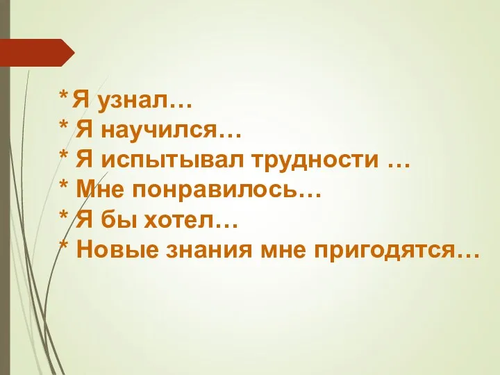 * Я узнал… * Я научился… * Я испытывал трудности