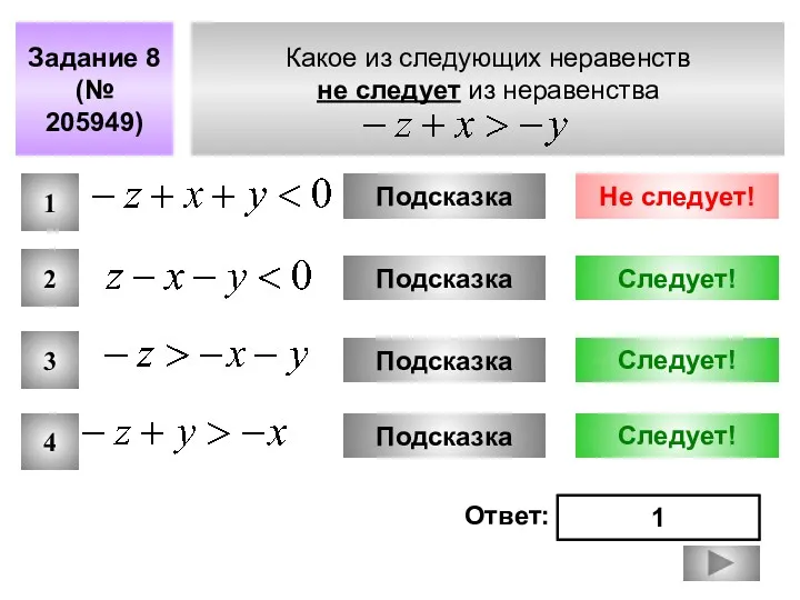 Какое из следующих неравенств не следует из неравенства Задание 8