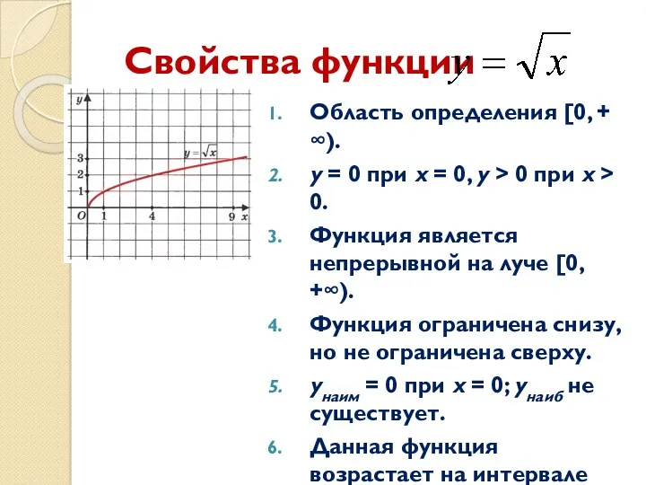 Свойства функции Область определения [0, + ∞). y = 0