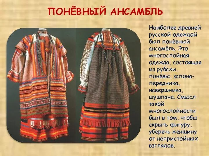 ПОНЁВНЫЙ АНСАМБЛЬ Наиболее древней русской одеждой был понёвный ансамбль. Это многослойная одежда, состоящая