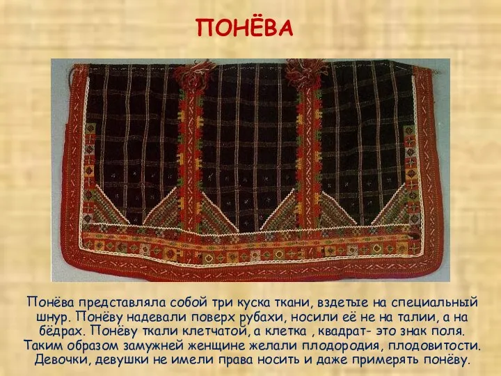 ПОНЁВА Понёва представляла собой три куска ткани, вздетые на специальный шнур. Понёву надевали
