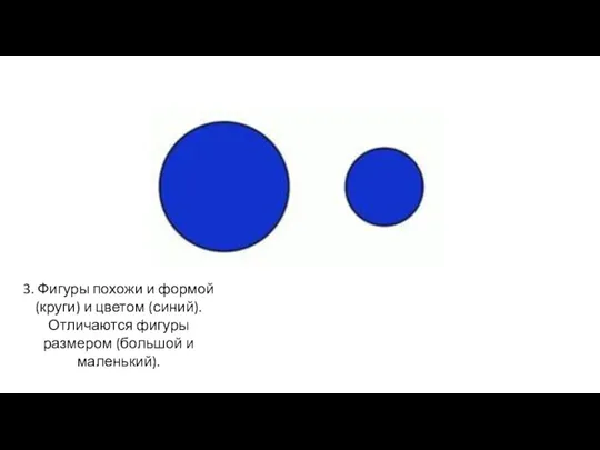 3. Фигуры похожи и формой (круги) и цветом (синий). Отличаются фигуры размером (большой и маленький).