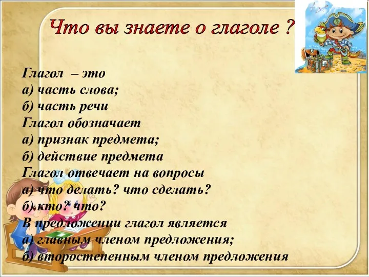 Глагол – это а) часть слова; б) часть речи Глагол