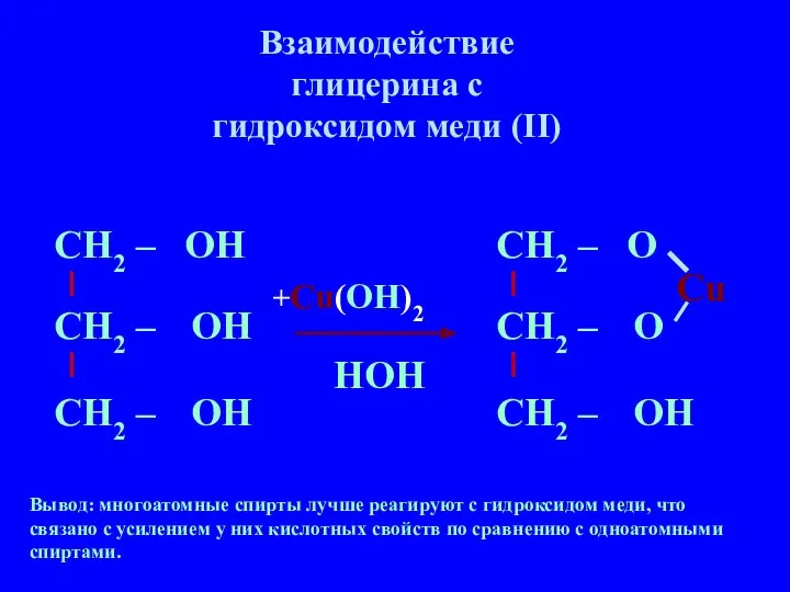Взаимодействие глицерина с гидроксидом меди (II) Вывод: многоатомные спирты лучше реагируют с гидроксидом