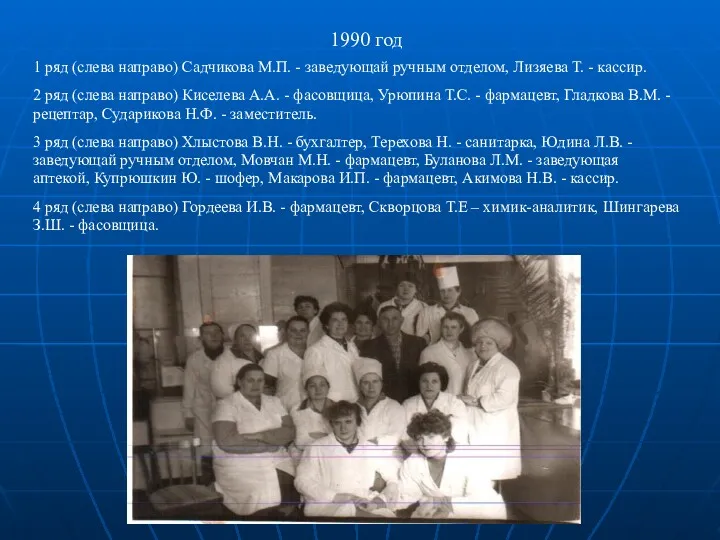 1990 год 1 ряд (слева направо) Садчикова М.П. - заведующай ручным отделом, Лизяева