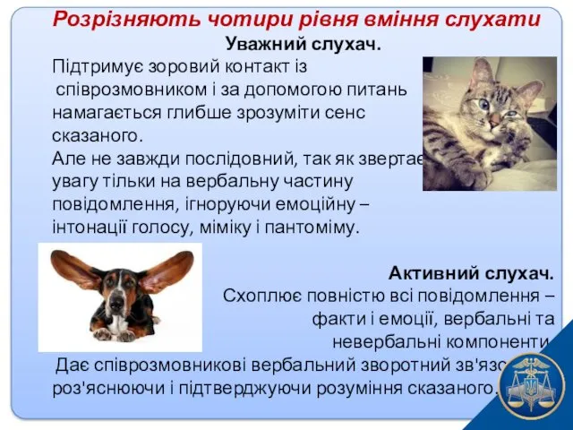 Розрізняють чотири рівня вміння слухати Уважний слухач. Підтримує зоровий контакт