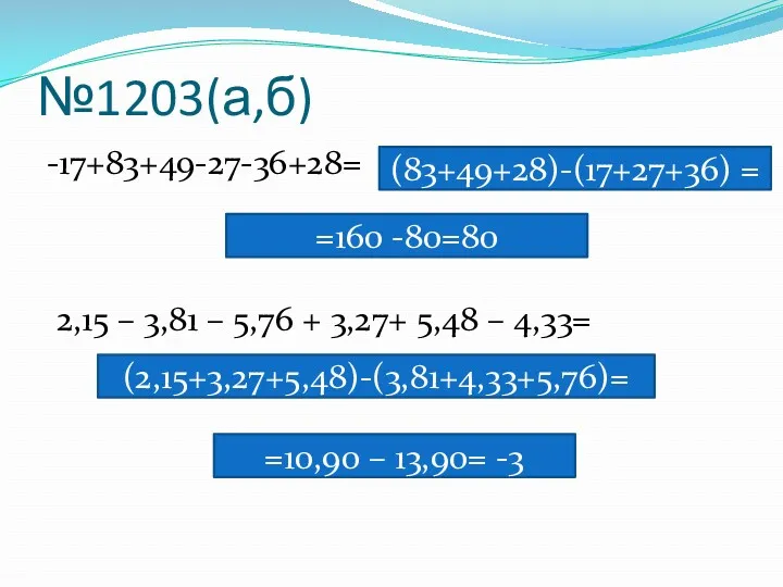 №1203(а,б) -17+83+49-27-36+28= (83+49+28)-(17+27+36) = =160 -80=80 2,15 – 3,81 – 5,76 + 3,27+