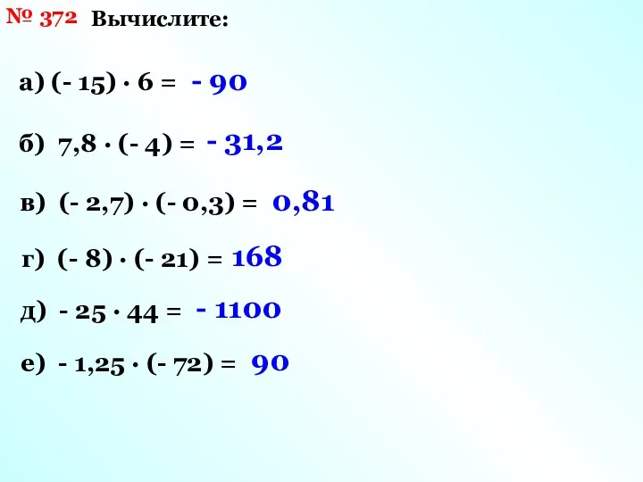 № 372 Вычислите: а) (- 15) · 6 = б)