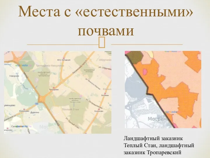 Места с «естественными» почвами Ландшафтный заказник Теплый Стан, ландшафтный заказник Тропаревский