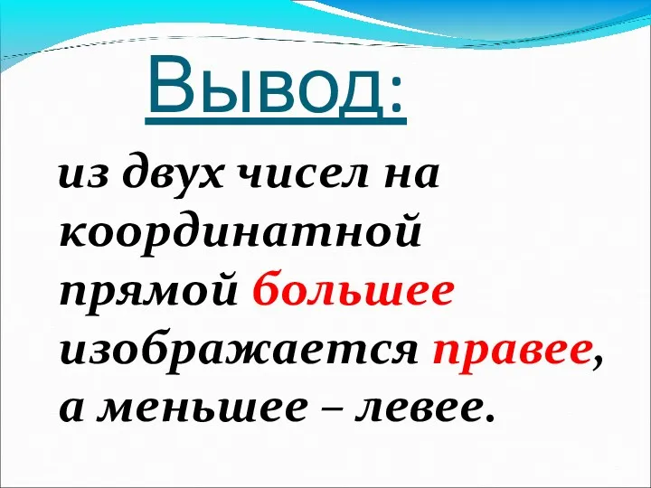 Вывод: из двух чисел на координатной прямой большее изображается правее, а меньшее – левее.