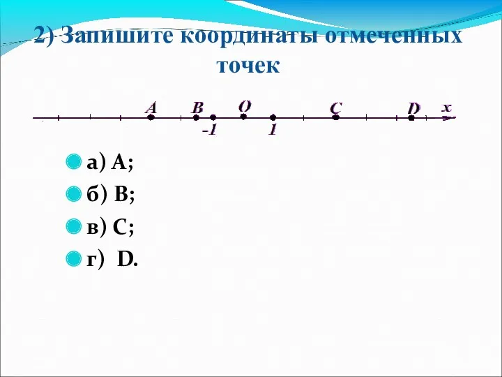 2) Запишите координаты отмеченных точек а) А; б) В; в) С; г) D.