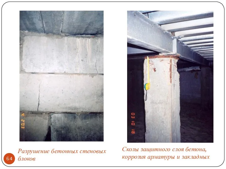 Разрушение бетонных стеновых блоков Сколы защитного слоя бетона, коррозия арматуры и закладных