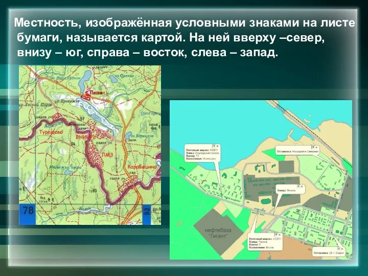 Местность, изображённая условными знаками на листе бумаги, называется картой. На