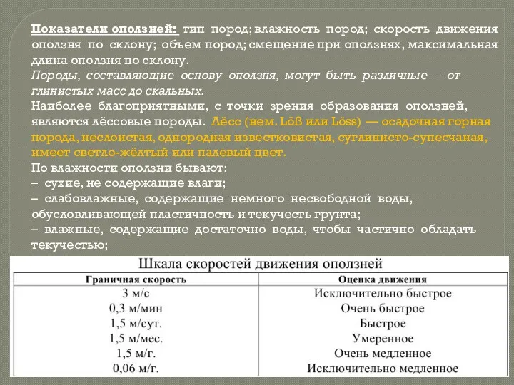 Показатели оползней: тип пород; влажность пород; скорость движения оползня по