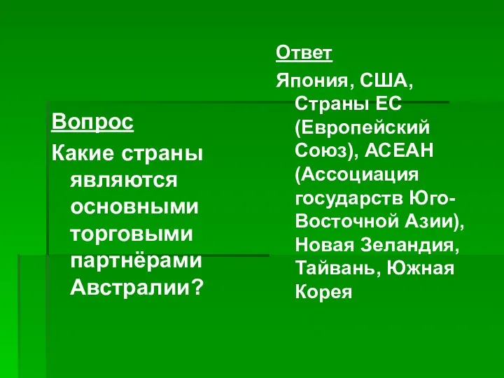 Вопрос Какие страны являются основными торговыми партнёрами Австралии? Ответ Япония,